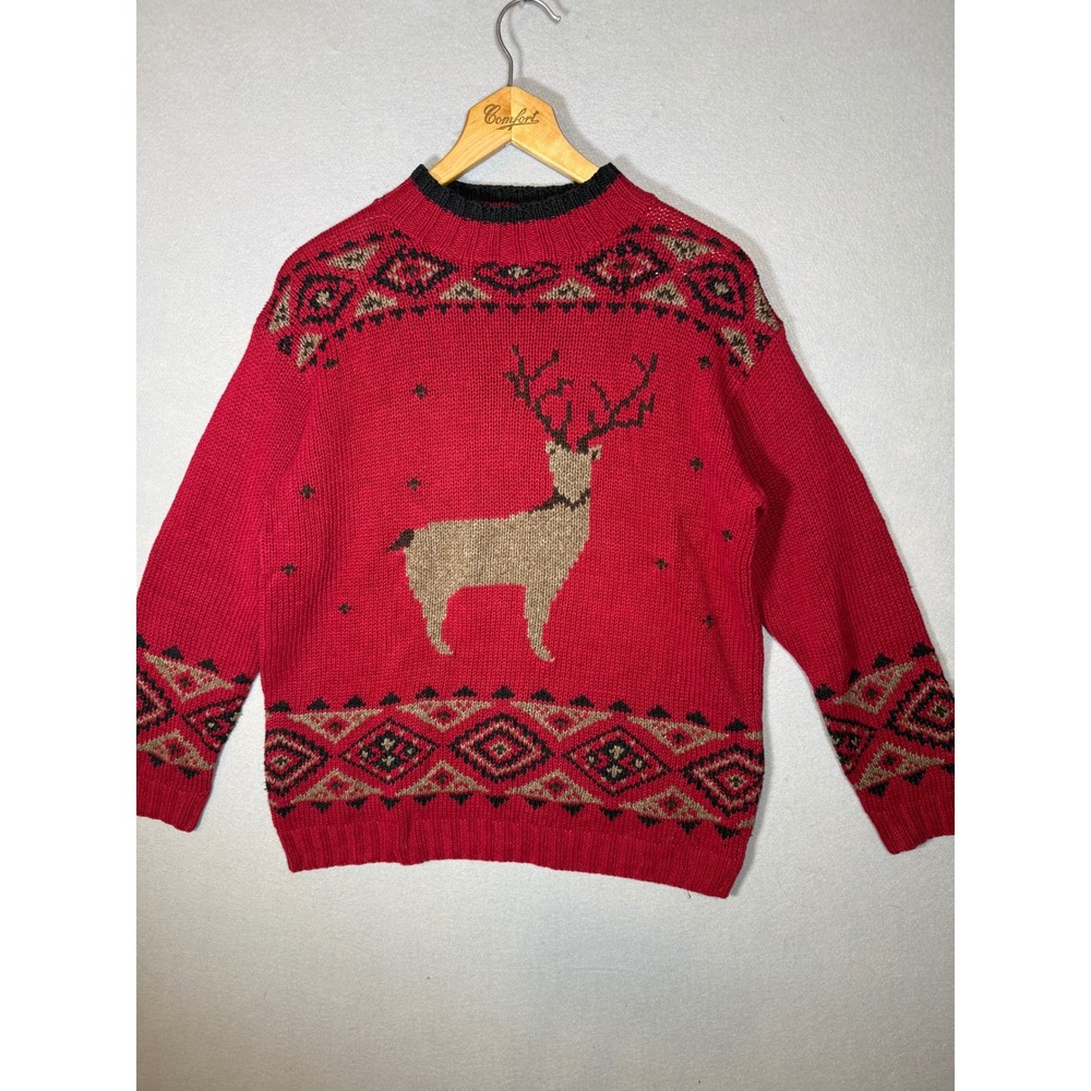 VTG Eddie Bauer Hand Knit Reindeer Fair Isle Sweater Red Cotton Linen Womens XS